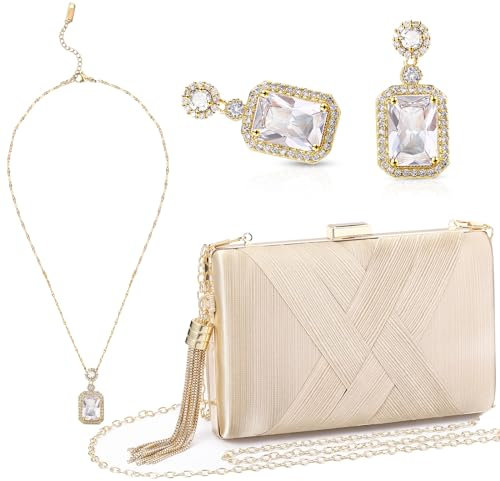Jadive 3 Stück Clutch Geldbörse Set für Damen Handtasche Abendtasche für Hochzeit Vintage Bankett Handtasche Ohrringe Halskette Schmuck Set (Champagner)
