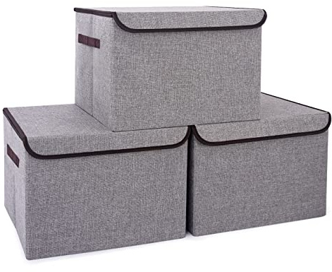 Bagnizer Large 17 42 Quarts Collapsible Stackable Storage Bins with Lids [3-Pack] Foldable Fabric Linen Storage Boxes Cube, Closet Organizer Baskets with Label for Home (16.7 x 12 x 12, Gray)