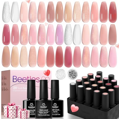 Beetles 20 Farben Jelly UV Gel Nagellack - Nacktes Paradies Sammlung Glitzer Weiß Rosa Pfirsich Kirschrot Farbe UV Gellack Und Top Baselack Nagel Charme Nagellack für Frauen