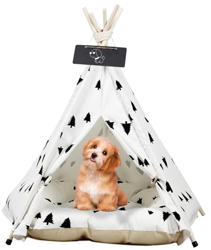 Tipi Zelt für Haustiere Hundezelt Katzenzelt Haustierzelte Häuser mit Doppelseitigem Kissen Abnehmbar und Waschbar Haustierbett Wegklappen Haustier Katzenbett Hundebett 50x50x60cm