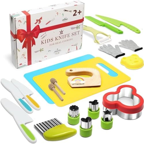 LETTO & TAILOR Couteau pour Enfants Set de 21 Couteaux de Cuisine de sécurité pour Enfants avec emporte-pièces pour légumes, Couteau en Bois, Planche à découper