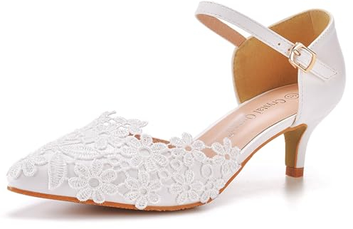 Voviggiw Damen-Hochzeitsschuhe mit Kitten-Absatz für die Braut spitzer Zehenbereich Cut-Out-Pumps Spitze Blumen Knöchelriemen Absatzsandalen Pumps weiße Markierung 40