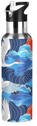 Niigeu Oiseau Grue Japonaise Vintage Bouteille d'eau Isotherme avec Paille en Acier Inoxydable Gourde, Sans BPA Gourdes Eau pour Enfant Sport Randonnée École Bureau (600ml/1L)
