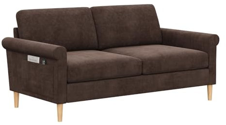 Vesgantti Fabric 2 Seater Sofa, 164cm Loveseat Sofa with Bilateral Pocket Storage, Upholstered Couch Perfect for Living Room, Bedroom, Office, Small Space, Tool-free Assembly, 164L*76D*85Hcm, Brown