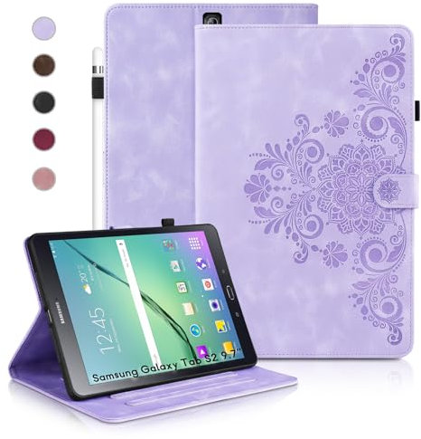 Auslbin Funda para Samsung Galaxy Tab S2 9.7 (2015), Fundas Protectoras Retro Tab S2 9.7 T810/T813 en Color Liso, Estilo en Relieve, Diseño de Hebilla Magnética, Función Atril, Morado