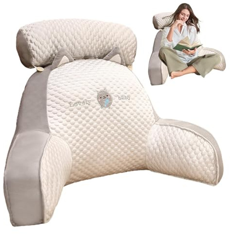 EHOTER Reading Pillow with Detachable Neck Support 2024 Ice Silk Cool Reading Pillow for Bed - Back Support Large Bed Chair Pillow with Arms for Sitting in Bed, Working on Laptop (50x70cm,Cat-Grey)