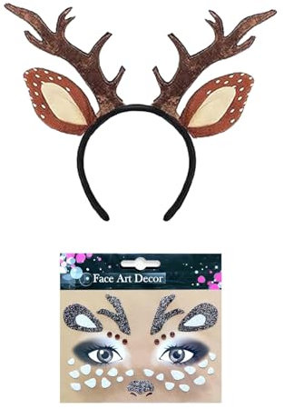 XDGBGFN Geweih Haarreif Hörner Rehohren und Aufkleber für Hirschgesicht Karneval Kostüm Damen Reh für Karneval Fasching Weihnachten Cosplay Party Kostüm