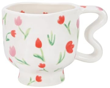 Koythin Ceramic Coffee Mug, Novetly Flower Latte Cup with Heart Shaped Handle for Office and Home, Cute Breakfast Cups 8.5 oz/250 ml for Latte Tea Milk (Red Tulip Flowers)