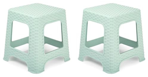 Acan Tradineur - Pack de 2 taburetes de plástico Rattan, imitación de Mimbre, banqueta Multiusos, Cocina, salón, Fabricado en España (Verde Pastel - 33 x 32,5 x 32,5 cm)
