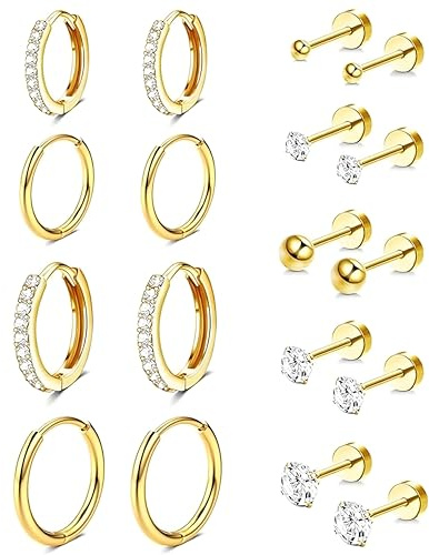 CUEMOON 9 Paia Orecchini Donna Anallergici, Orecchini Acciaio Chirurgico 316L, Orecchini a Cerchio Cartilagine Ipoallergenica, Multi Piercing Orecchio (Oro)