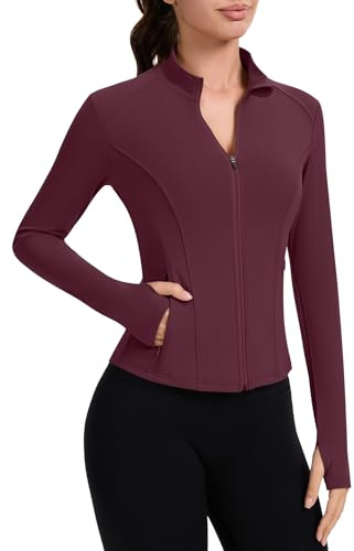 IECCP Gym Tops for Women UK Sport Running Jackets Long Sleeve Workout Fitess Activewear Lightweight Moisture Wicking Yoga Tops with Thumb Hole Zip and Side Pocket Wine Red M