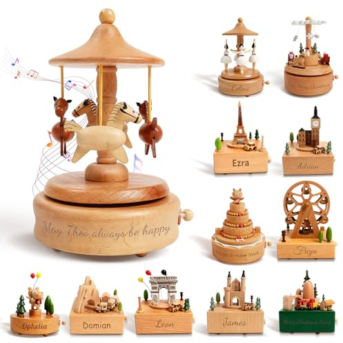 KKHH Personalized Wooden Carousel Music Box - Custom Name Gift for Friends, Birthday Christmas Home Decoration | Hand-Cranked Rotating Musical Toy