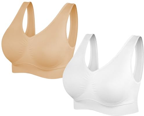 SIMIYA Super Comfort Bra, Womens Sports Bras Removable Pads Plus Size Sleep Bras for Girls in Yoga Bralette Leisure Stretch Crop Tops Vest (M, 2 Pack White+Beige)