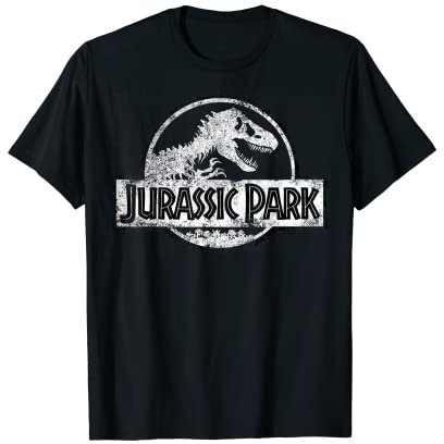 Jurassic Park White Distressed Black And White Logo T-Shirt