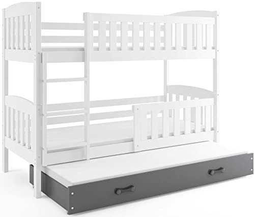 Interbeds Etagenbett Hochbett QUBA fur DREI Kinder 200x90cm Farbe: WEIß; mit Lattenroste und Matratzen (weiß + graue Schublade)