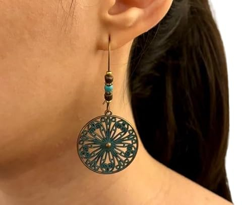 ✿ HELLBLAUE RUNDE PATINA KUPFER TRIBAL HOWLITE STEIN SCHEIBE AN LANGEN KIDNEY HAKEN ✿ wunderbare Ethno Ohrringe, türkis Ohrringe mit Kokos