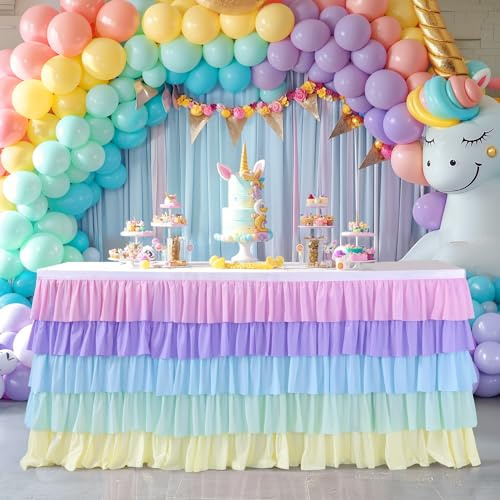 2,7 m Regenbogen Einhorn Tutu Tischrock für rechteckige runde Tische Chiffon Tischdecke für Einhorn Geburtstag Party Dekorationen Babyparty Party Rüschen Tischrock