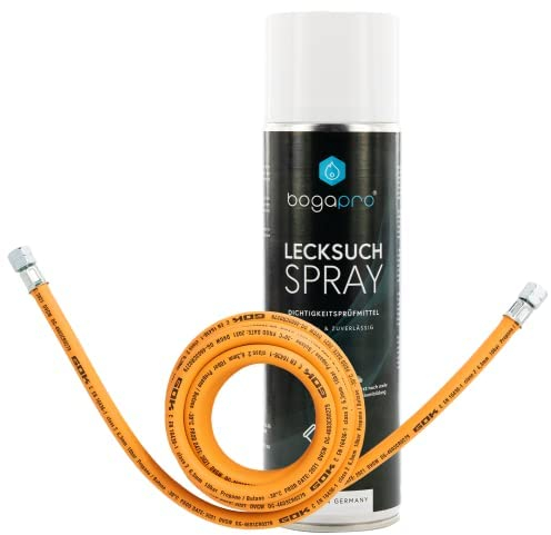 BOGAPRO Schlauch für Gasflaschen 3 m, Camping Propangasschlauch mit 1/4 Linksgewinde beidseitig, inkl. Lecksuchspray zur Lecksuche bei Dichheits- und Gasdruckprüfungen und Polybeutel