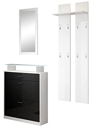 MB Muebles Bonitos, Conjunto Recibidor Paola Set con Zapatero, Espejo, Perchero, Luz LED, Diseño Moderno, Melamina Brillo, Color Blanco y Negro