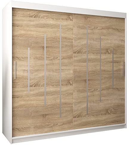Kryspol Schwebetürenschrank York 200 cm Kleiderschrank mit Kleiderstange und Einlegeboden Schlafzimmer- Wohnzimmerschrank Schiebetüren Modern Design (Weiß + Sonoma)