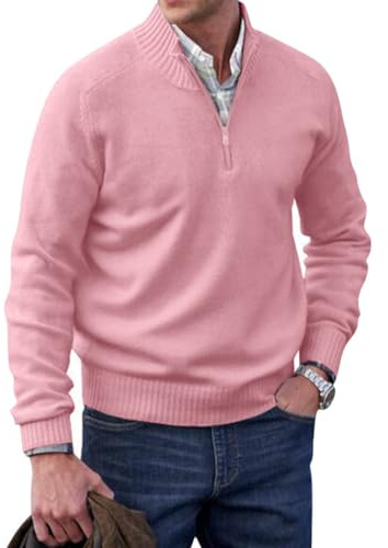 Minetom Homme Pull À Col Roulé avec Fermeture Eclair Manches Longues 1/4 Zip Col Montant Pullover en Tricoté d'hiver Sweater B Rose M