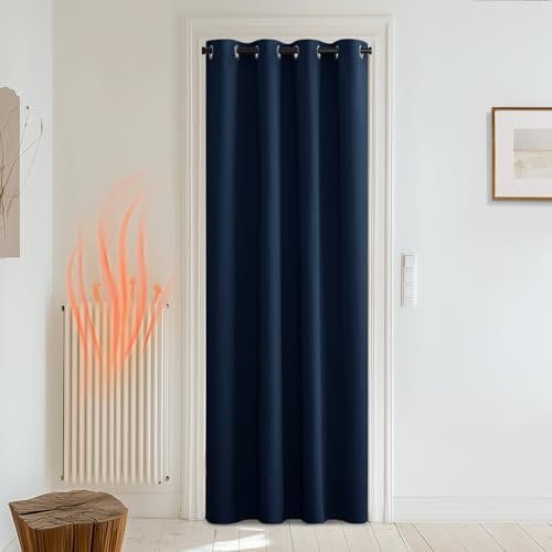 PONY DANCE Single Thermal Door Curtain - Privacy Protection Eyelet Blackout Curtain for Nursery Noise Reduction Curtain for Bedroom/Kitchen, 52 inch x 84 inch, Navy Blue