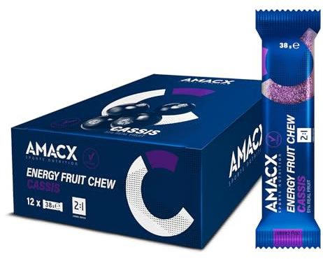 AMACX Energy Bar Fruit Chew – 51% Frutta Vera – Barrette Energetiche Ciclismo e Corsa – Confezione da 12 – Vegana, Senza Glutine – 2:1 Carboidrati – Barrette Fitness con Elettroliti – Ribes Nero
