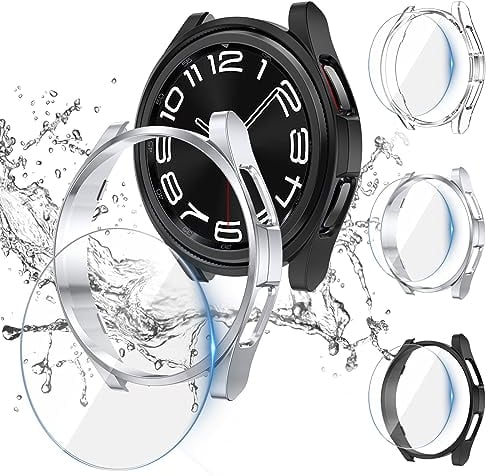 [3+3Pack] Kamita Case for Samsung Galaxy Watch 6 Classic 47mm with Screen Protector, 3 Tempered Glass Protective Film+3 Hard PC Bumper Cases Cover for Galaxy Watch6 Classic (Clear+Black+Sliver)