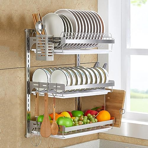 Escurridor de platos de pared de acero inoxidable 304, escurridor de platos de altura ajustable con soporte para tabla de cortar, estante para platos para organizador de cocina, ahorro de espacio, p