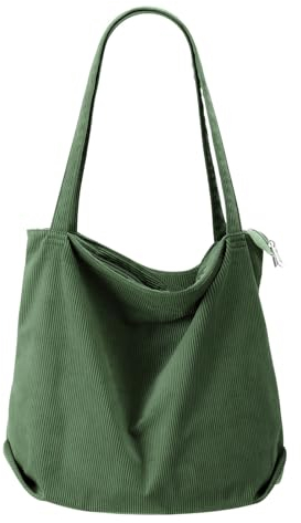 VOSSOT Vert Foncé Sac fourre-tout en velours côtelé pour femme et fille - Grand sac de transport réutilisable avec poche - Sac de courses de grande capacité avec sac à bandoulière pour l'école, le