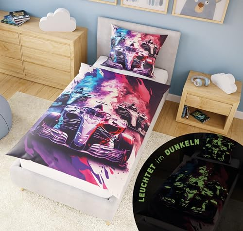 Carpe Sonno Kinder Bettwäsche 135x200 Kinder [Leuchtet im Dunkeln] Rennauto + 10 Spiele | 100% Baumwolle Oeko-Tex 100 | Kinderbettwäsche Glow in The Dark | Leuchtende Bettwäsche Jungen 135x200