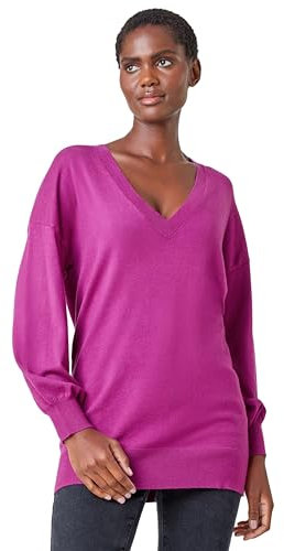 Roman Originals V-Neck Jumper for Women UK Ladies Boyfriend Fit Slouch Sweater Winter Autumn Textured Casual Flattering Knit Pullover Knitwear Daywear Lightweight Lounge - Magenta - Size 16