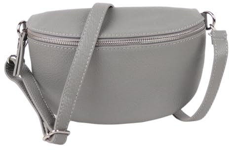 MIRROSI® Bauchtasche Damen, Made in Italy, Echtleder Umhängetasche Echtes Leder, Brusttasche, Crossbody Bag aus Echtem Leder, in 3 Größen erhältlich (Grau Silberner Reißverschluss) (Gr.L)
