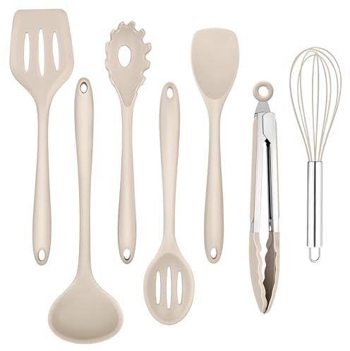 Homikit Silikon Küchenhelfer Set, 7 Stück Hitzebeständiger Küchenutensilien Kochbesteck, Antihaft Kochutensilien Kochgeschirr Set zum Kochen,Gesund/Spülmaschinenfest, Khaki