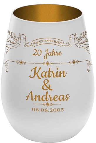Windlicht mit Gravur ''20 Jahre Porzellanhochzeit'' - Weiß/Gold - Glas Teelichthalter personalisierbar mit Wunschtext - Geschenk zu Hochzeit Jahrestag Jubiläum