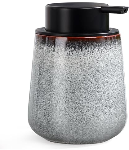 Autumnlife Seifenspender Keramik Spülmittelspender, 350ml Moderne Seifenspender Steingut Soap Dispenser für Bad, Küche, Nachfüllbar Flüssigseife Spender mit Groß Pumpenkopf, Weiß Braun