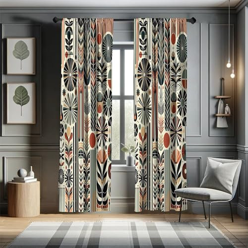 ABAKUHAUS Bohémien Tenda a Pannello Set di 2, Astratto retrò di metà secolo, Trattamento della Finestra per Stanza e Camera da Letto, 150 cm x 175 cm, Arancio Scuro Verde Reseda