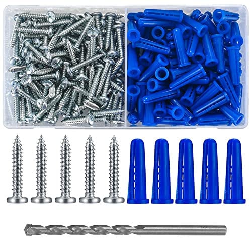 Juego de 200 tacos y tornillos, tacos para placas de yeso y tornillos para madera con cabeza plana, incluye 100 anclajes azules para tabiquería seca, 100 tornillos autorroscantes, 1 taladro