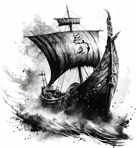 Samunshi® Wanddeko Wikingerschiff Langschiff Wallart Wolf Wandtattoo Asgard für Wohnzimmer Küche Wandaufkleber Wandsticker Runen Odin Thor 64x70cm