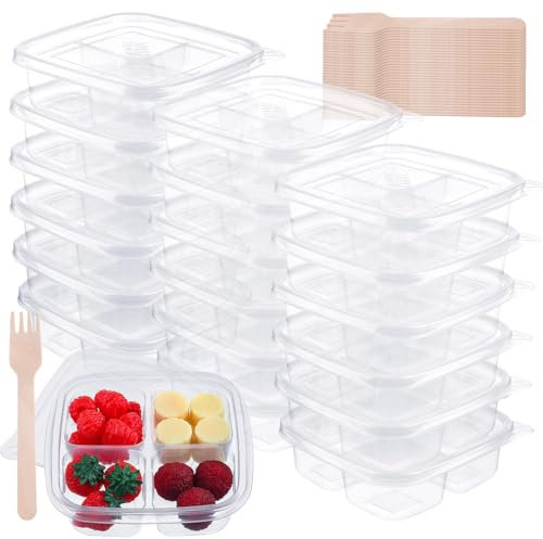 Dandat 50 Pcs Clear Plastic 4 Compartment Snack Containers Compartment Lunch Box with Lids Reusable Divided Snack Containers Clear Lunch Box with 50 Pcs Spork for (Wood Color)