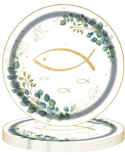 MAGLAUG Eukalyptus Fisch Partygeschirr Pappteller Einwegteller Tischdeko für Kommunion Konfirmation Deko Taufe Mädchen Junge (24, N 7'' Pappteller)