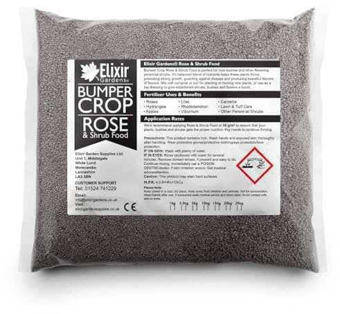 Elixir Gardens Bumper Crop Rose & Shrub Food | N.P.K: 4-3-8+8Fe | Granular Perennial Flower & Bush Fertiliser with Added Iron & Magnesium for Top Dressing & Planting | 25kg Bag
