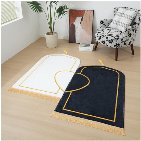 Gebetsteppich– Muslimischer Gebetsteppich Dickes und weiches Kaschmirimitat Lslamische Betender Teppich Für Frauen Männer Ramadan Eid Bayram Religionsübung Geschenk (Schwarz Weiß, 80*140cm)