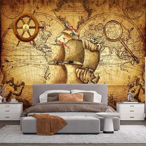 Kitquiver 3D Vintage Map Wall Mural Stickers Large 3D Nautical Map Wallpaper Mural Picture Photo Murals 3D Wallpaper Living Room The Wall for Bedroom 150x105cm