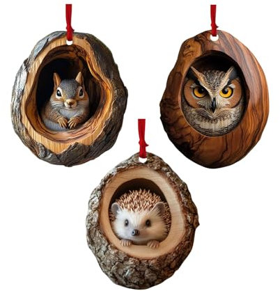 Racoon Owl Christmas Tree Decorations, 2D Raccoon Squirrel Ornament Pendant, Cute Animal Rustic Seasonal Décor, Hedgehog Bunny Bird Christmas Ornaments For The Home, Shelf, Bookshelf (3pcs)