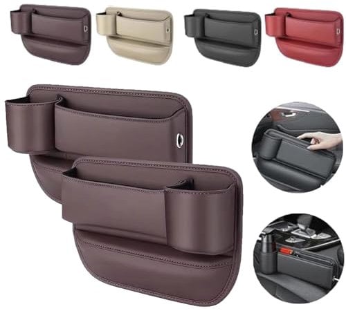 Autosilk Car Leather Cup Holder Gap Bag, Leather Car Seat Storage Box with Water Cup Holder, Seat Gap Storage Box, Car Seat Storage Bag for Glasses Phones Keys and Cards (Brown,1 Set)