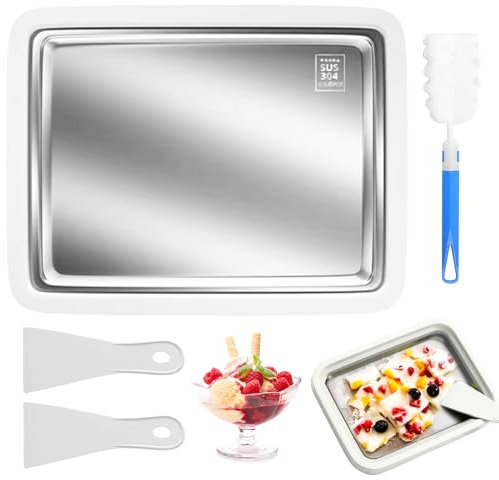 Placa de hielo para hacer hielo, sartén para hacer helados, máquina de helado, placa de hielo con 2 espátulas y cepillo de limpieza