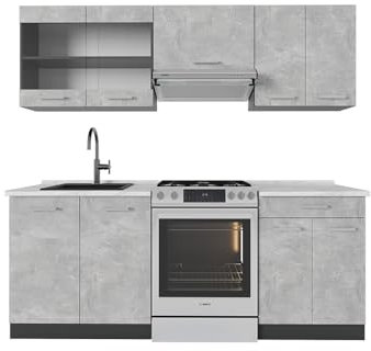 Vicco Küchenzeile R-Line, Küchenblock, Beton/Anthrazit, 200 cm, AP Marmor