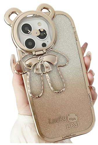 QNDUGJFER 16 Pro Max Hülle Geeignet Für 16, 15, 14, 13, 12, 11 Serie Galvanisierte Glitzer Handy Fall Halterung Cartoon Soft Shell-gold-15pro