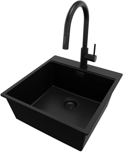 PRIMAGRAN Fregadero Granito Todo Negro 48x50cm, Cocina 1 Seno + Grifo 40x20cm + Sifón, Sobre encimera al mueble 50cm - Oslo S124